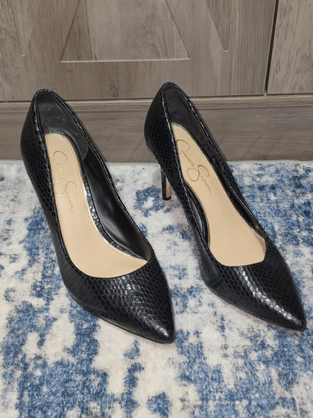 Jessica Simpson Black Snake-Embossed Pointed Toe Heels